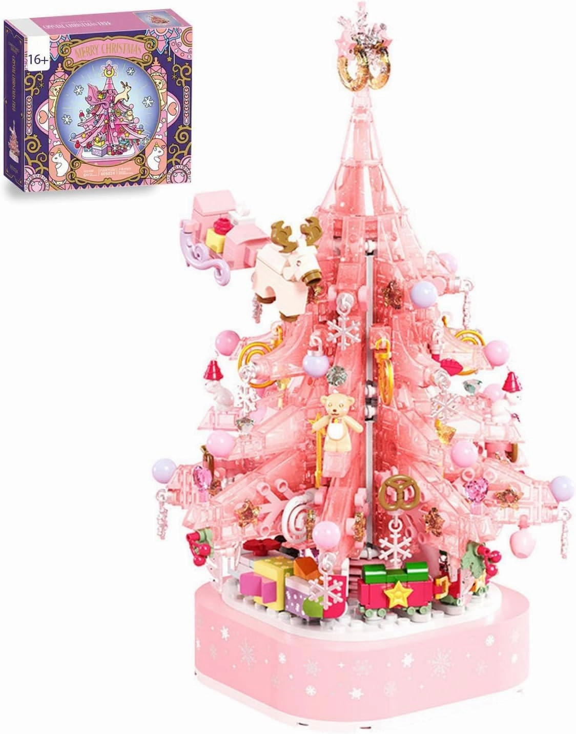 Christmas Tree Music Box Bricks Model Set, 675PCS DIY Street View Pink Crystal Christmas Tree Model Building Block Set Construction Toy