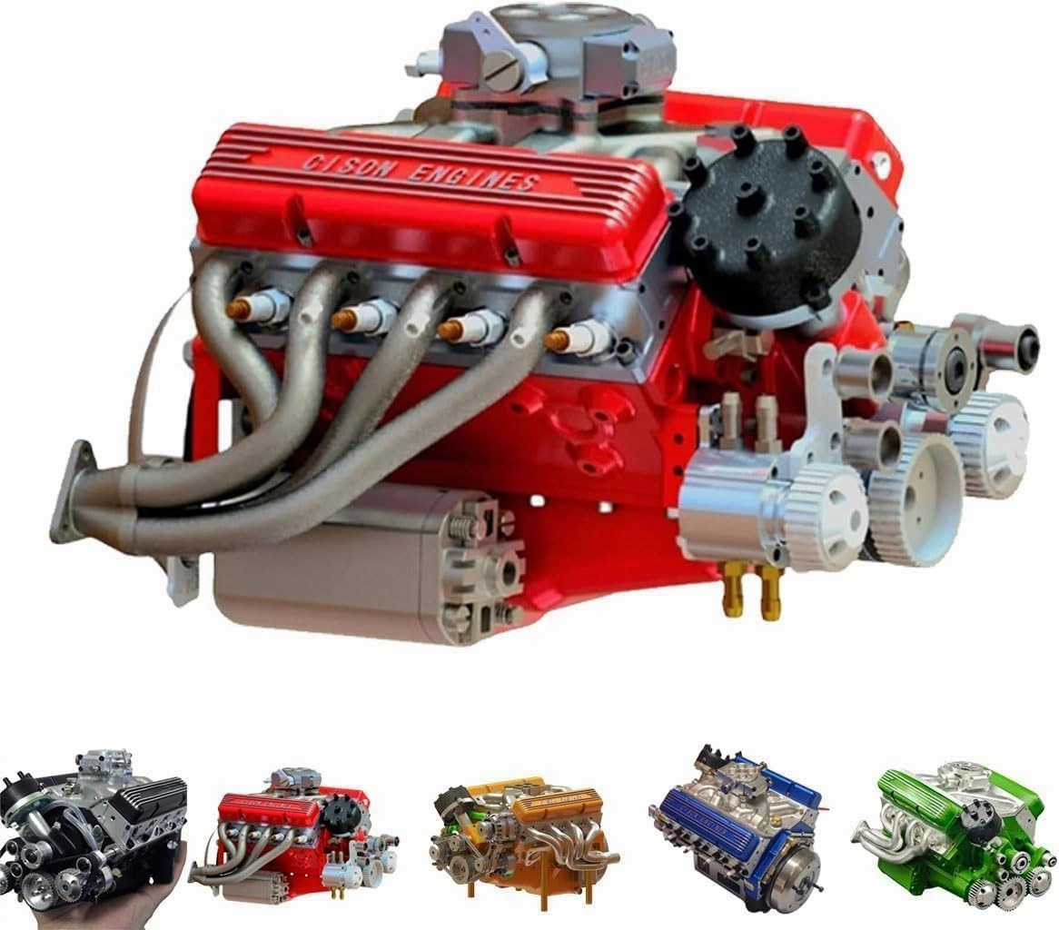 Cison V8 Engine Kit Gas, Gasoline Ohv V8 Small-Block Engine Model Kits, Mini V8 Engine Kits That Runs, Build Your Own Mini Working V8 Engines for Adults (Red)