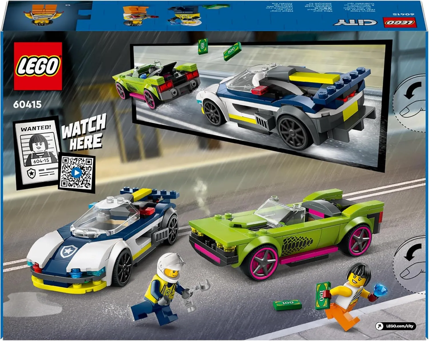City Police Car and Muscle Car Chase, Racing Vehicle Toys for 6 plus Year Old Boys & Girls, Fun Gift for Kids Who Love Pretend Play, Includes Officer and Crook Minifigures 60415