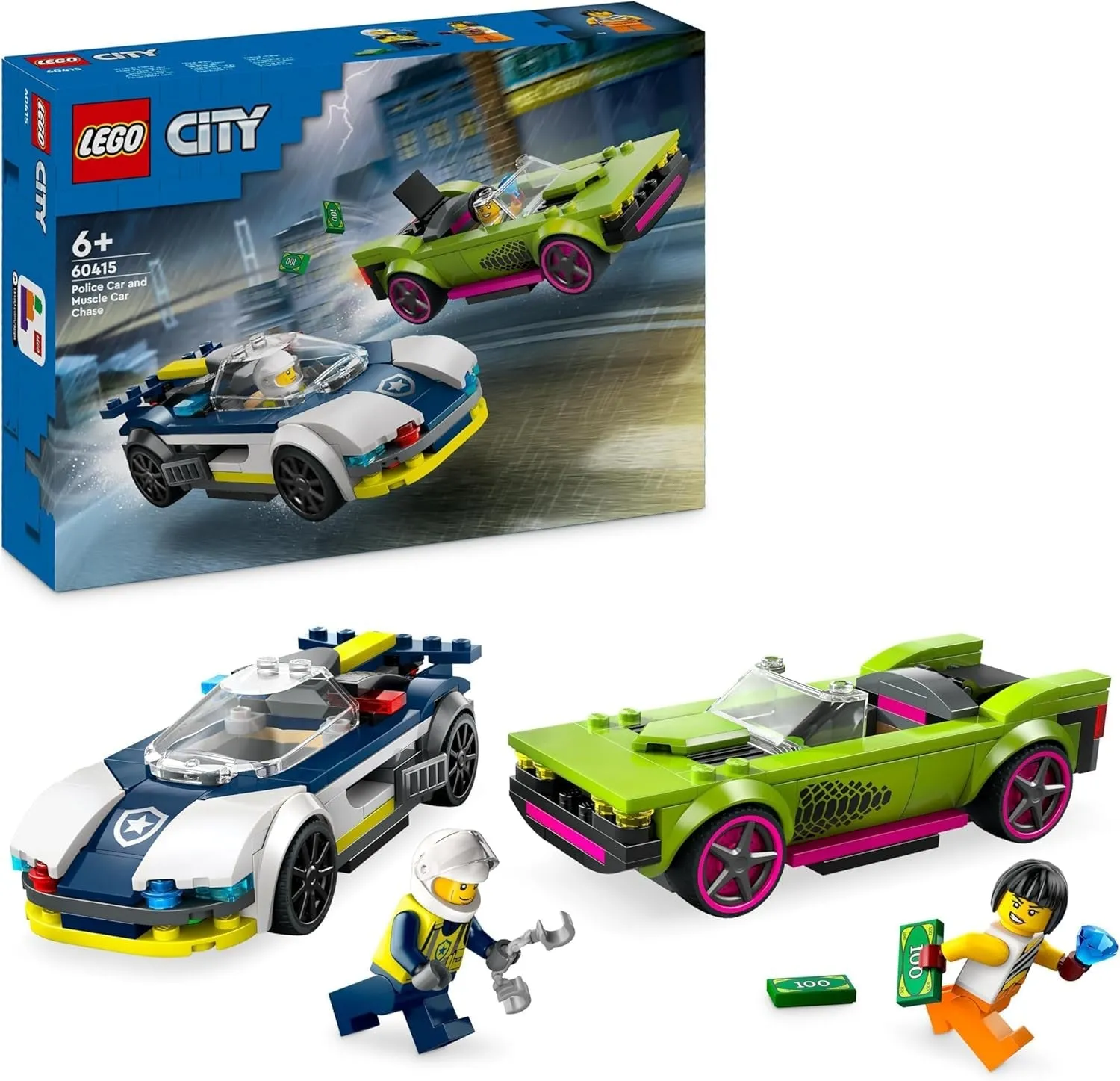 City Police Car and Muscle Car Chase, Racing Vehicle Toys for 6 plus Year Old Boys & Girls, Fun Gift for Kids Who Love Pretend Play, Includes Officer and Crook Minifigures 60415