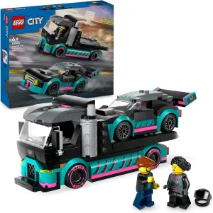City Race Car and Car Carrier Truck Toy, Vehicle and Transporter Building Set for 6 plus Year Old Boys & Girls with Adjustable Loading Ramp, Racer and Driver Minifigures, Fun Gift for Kids 60406