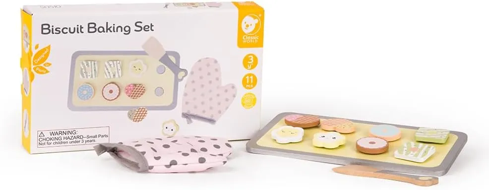 Classic World Wooden Biscuit Baking Set for Kids Sliceable Biscuits Glove Scraper and Tray Fun Pretend Play Kitchen Set for Developing Motor Skills Eco-Friendly, Sustainable Wood Toy for Ages 3 and Up