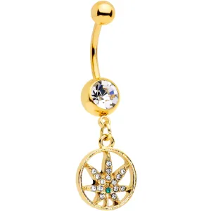 Clear Green Gem Gold Tone Circle Pot Leaf Dangle Belly Ring