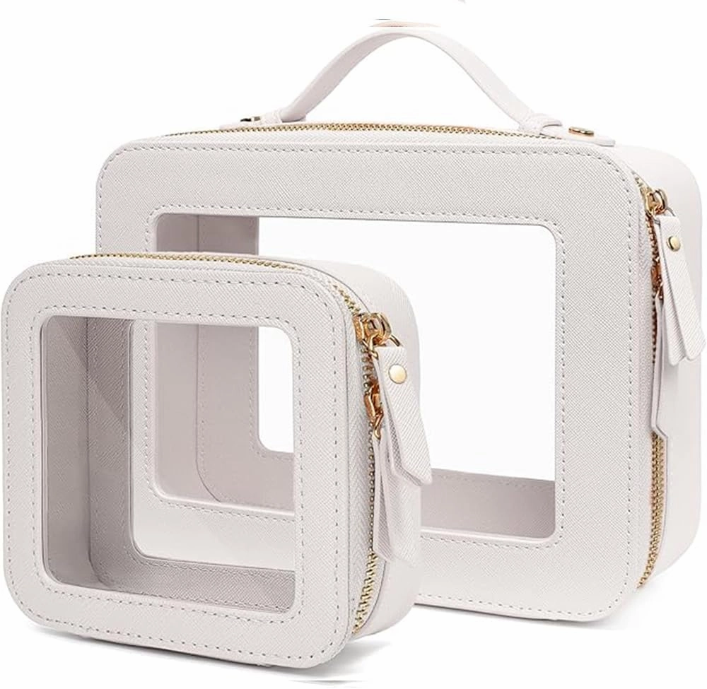Clear Makeup Bag Organizer, TSA Approved Portable Travel Toiletry Bag Multipurpose Cosmetic Bag Case for Women Vegan Leather Make Up Pouch Transparent Vinyl Windows