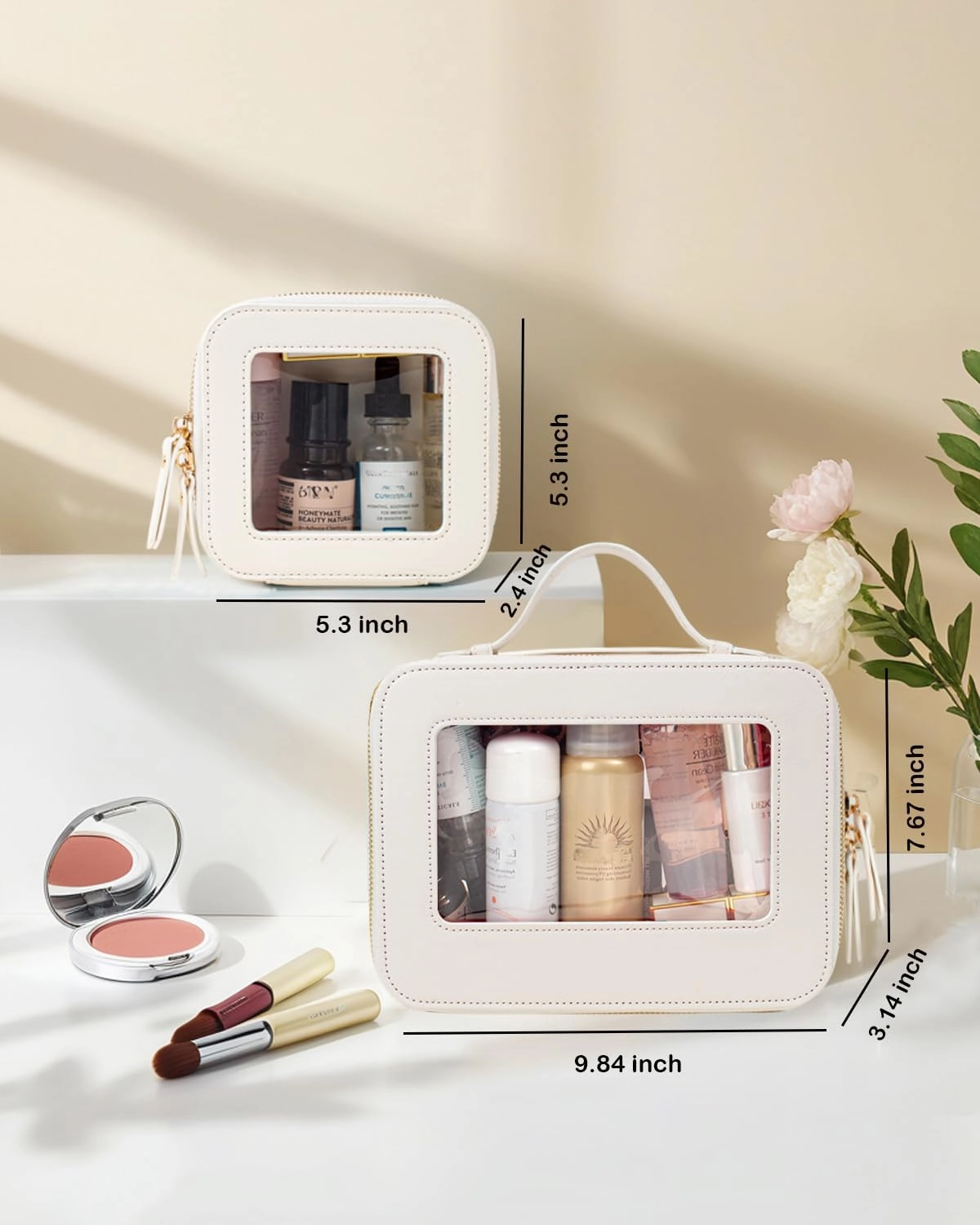 Clear Makeup Bag Organizer, TSA Approved Portable Travel Toiletry Bag Multipurpose Cosmetic Bag Case for Women Vegan Leather Make Up Pouch Transparent Vinyl Windows