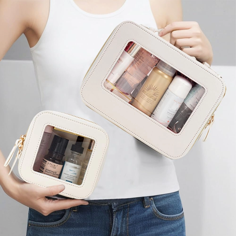 Clear Makeup Bag Organizer, TSA Approved Portable Travel Toiletry Bag Multipurpose Cosmetic Bag Case for Women Vegan Leather Make Up Pouch Transparent Vinyl Windows
