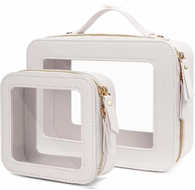 Clear Makeup Bag Organizer, TSA Approved Portable Travel Toiletry Bag Multipurpose Cosmetic Bag Case for Women Vegan Leather Make Up Pouch Transparent Vinyl Windows