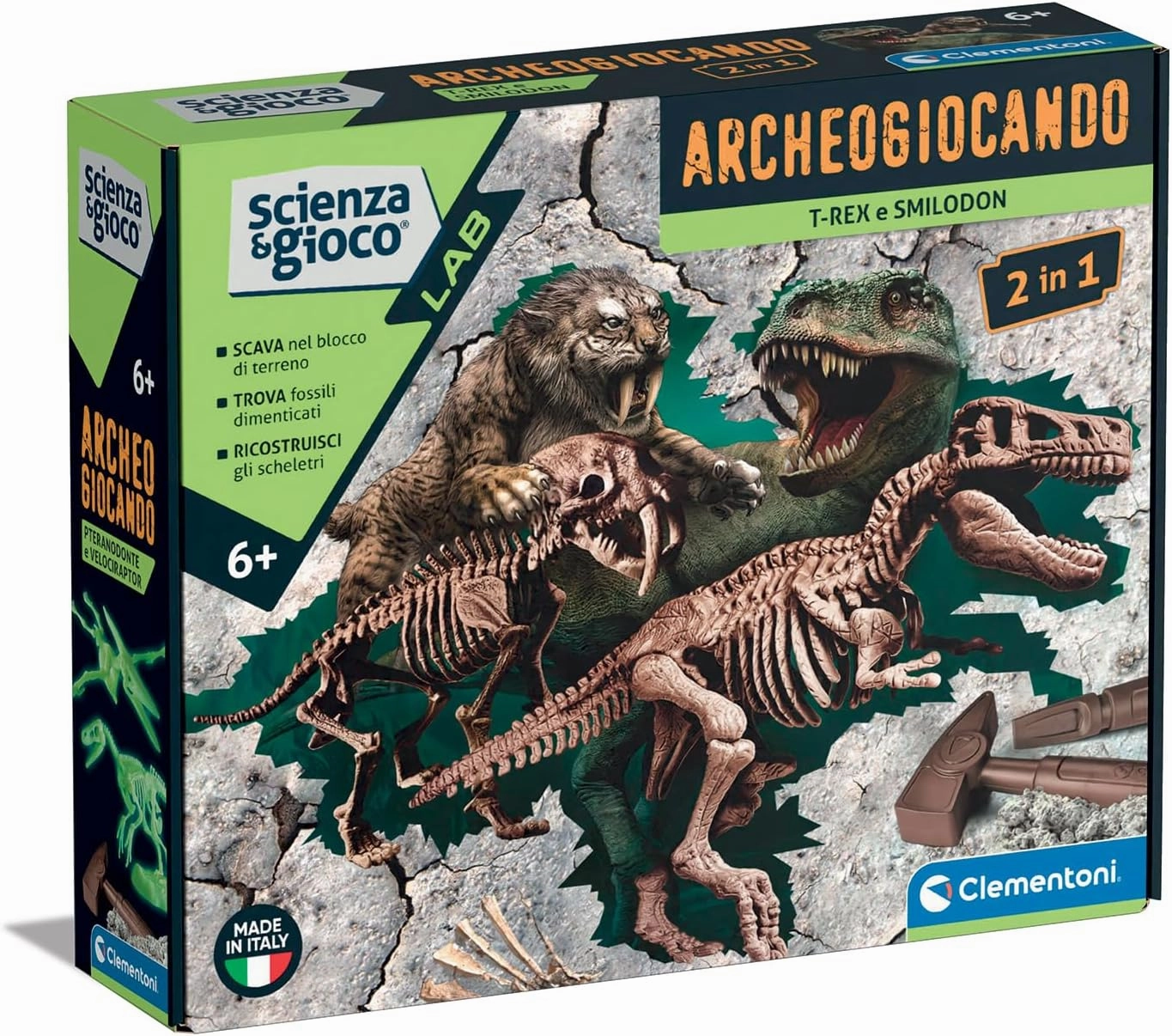 Clementoni Scienza e Gioco Lab - Archaeogiocando T-Rex and Smilodon 2 in 1, Scientific Game 6  Years, Dinosaur Fossils to Dig and Assemble, Archaeologist Kit, Made in Italy, Italian Language, 19394