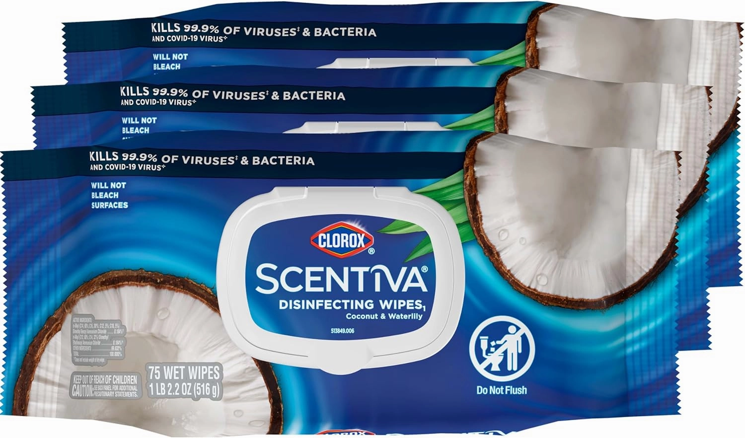 Clorox Scentiva Disinfecting Wipes, Coconut and Waterlily, 75 Count, Pack of 3 (Package May Vary)