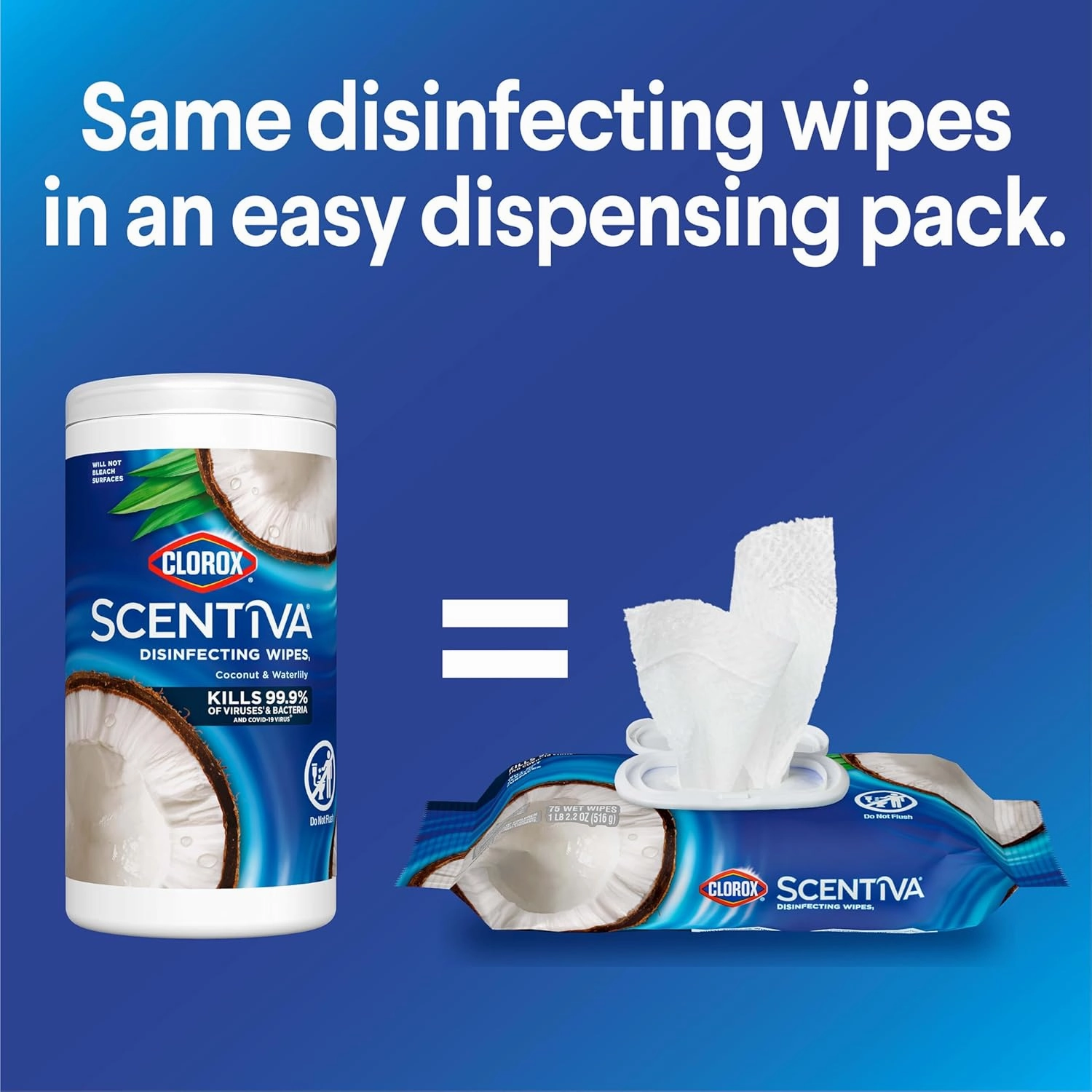 Clorox Scentiva Disinfecting Wipes, Coconut and Waterlily, 75 Count, Pack of 3 (Package May Vary)