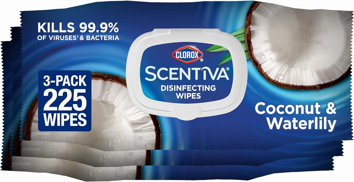 Clorox Scentiva Disinfecting Wipes, Coconut and Waterlily, 75 Count, Pack of 3 (Package May Vary)