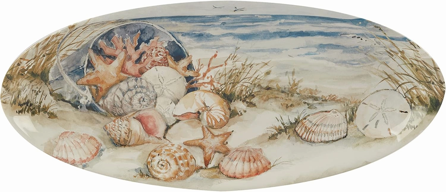 Coastal Landscape Ceramic Fish Platter – 19.5" Ocean-Themed Serving Tray with Seashells, Starfish & Beach Scene – Perfect for Fish, Appetizers, Hors d'oeuvres, Sushi, Coastal Entertaining
