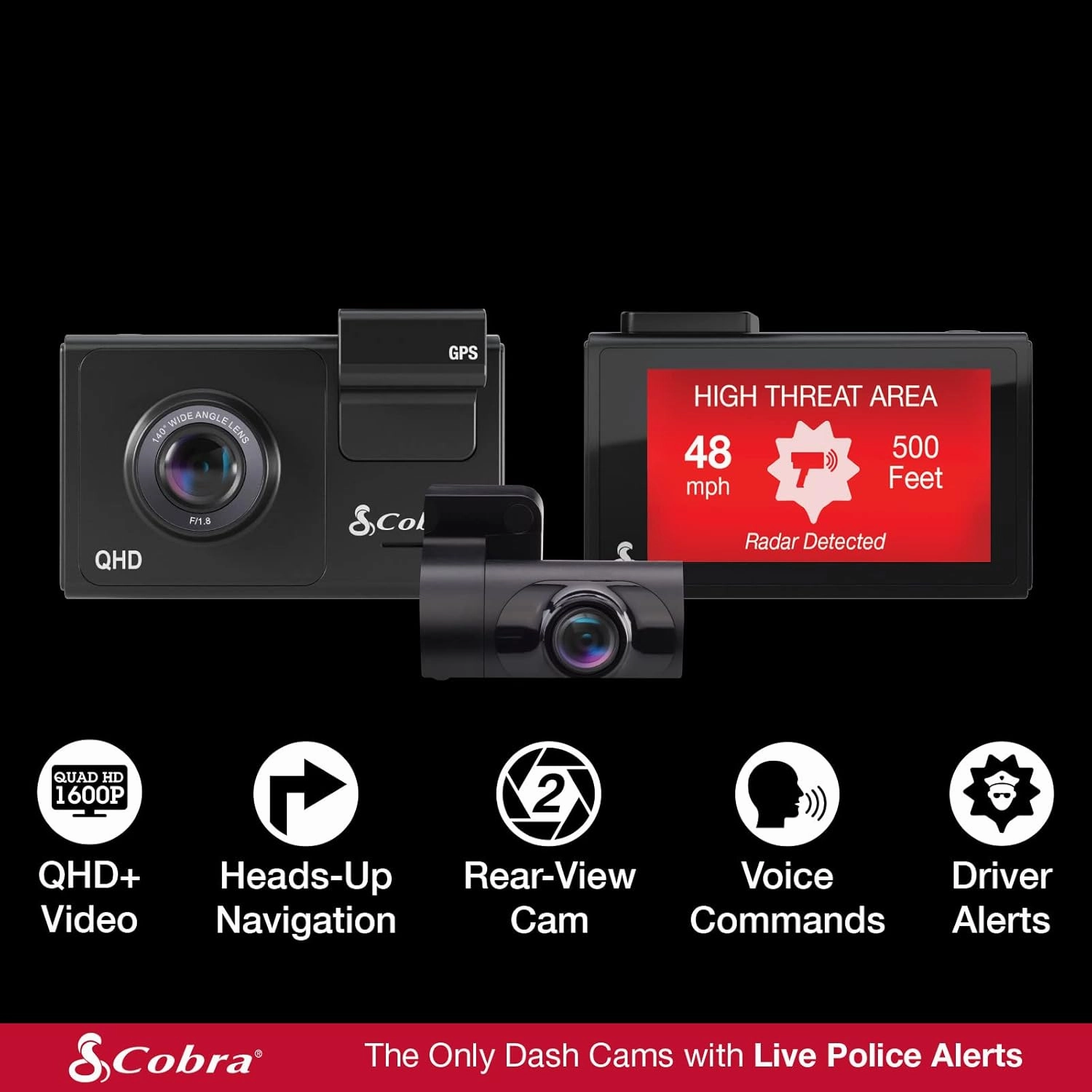 Cobra Smart Dash Cam   Rear Cam (SC 200D) – QHD  1600P Resolution, Built-in Wi-Fi & GPS, Voice Commands, Live Police Alerts, Incident Reports, Emergency Mayday, Drive Smarter App, 16GB SD Card Incl.