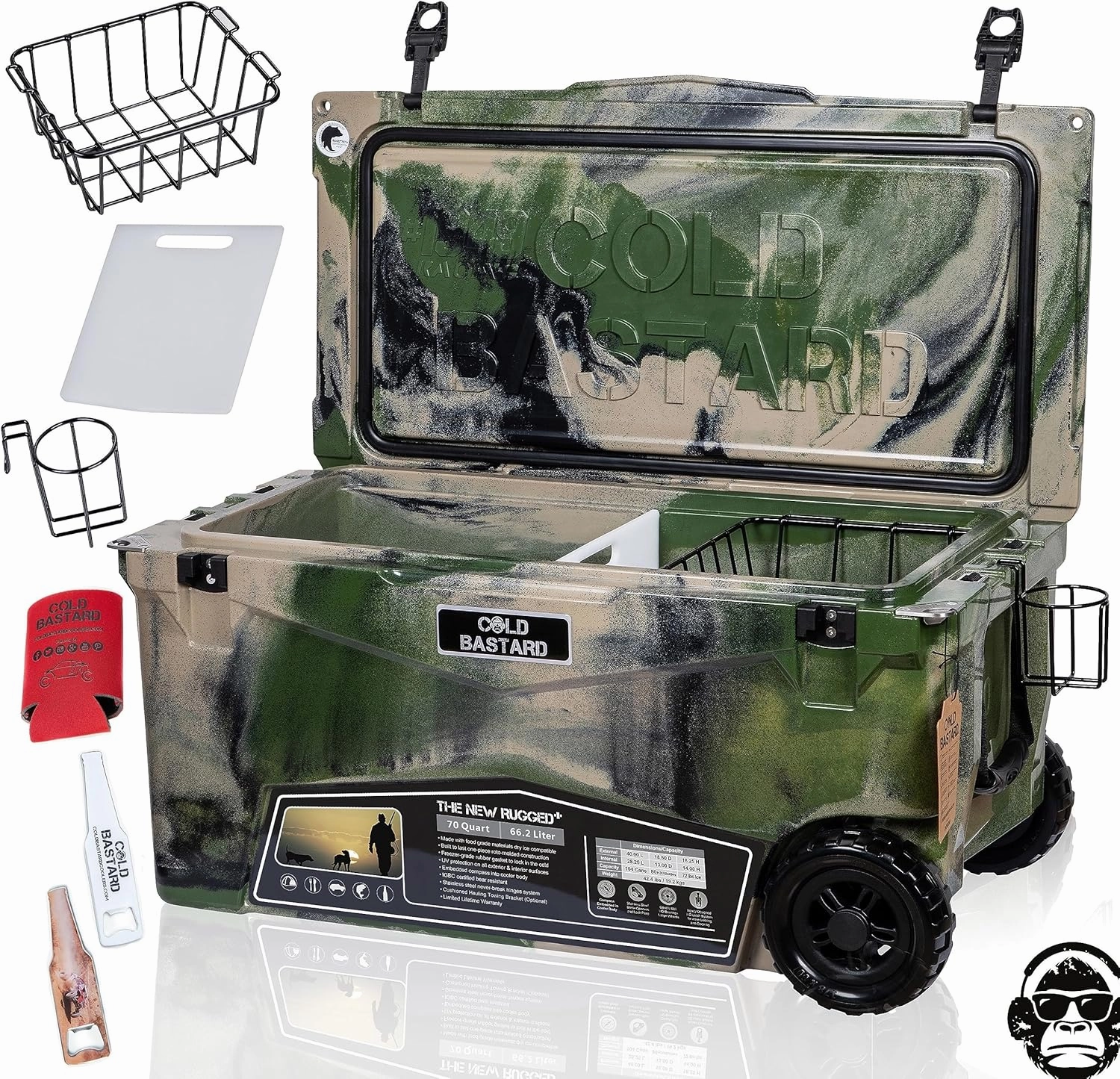 COLD BASTARD COOLERS 70QTW Rugged  CAMO Army Large Wheels The Best Premium Ice Chest Cooler Accessories Free S&H (CB70W-CA)