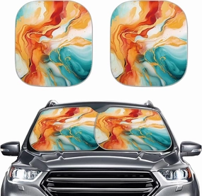 Coldinair 2-Piece Windshield Sun Shade Blue Marble Print Foldable Windshield Cover Sun Shade for SUV & Truck, UV Ray Blocker Keeps Your Vehicle Cool Golden Marbling Windshield Cover Sun Shade