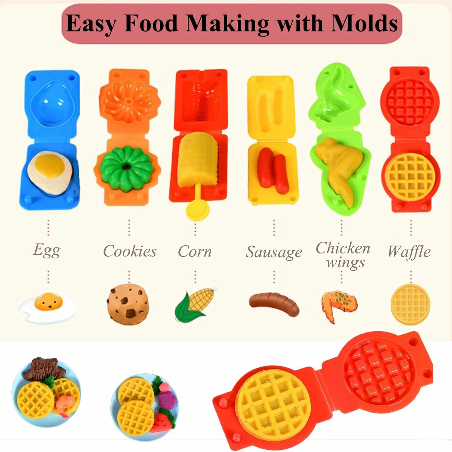 Color Dough Set Kitchen Creations Waffle Pizza Burger Maker Pretend Chef Toy Play Food Modeling Tools Kit with 12 Colors Wheat Doughs for Kids Girls Boys Christmas Birthday Gift 40Pcs