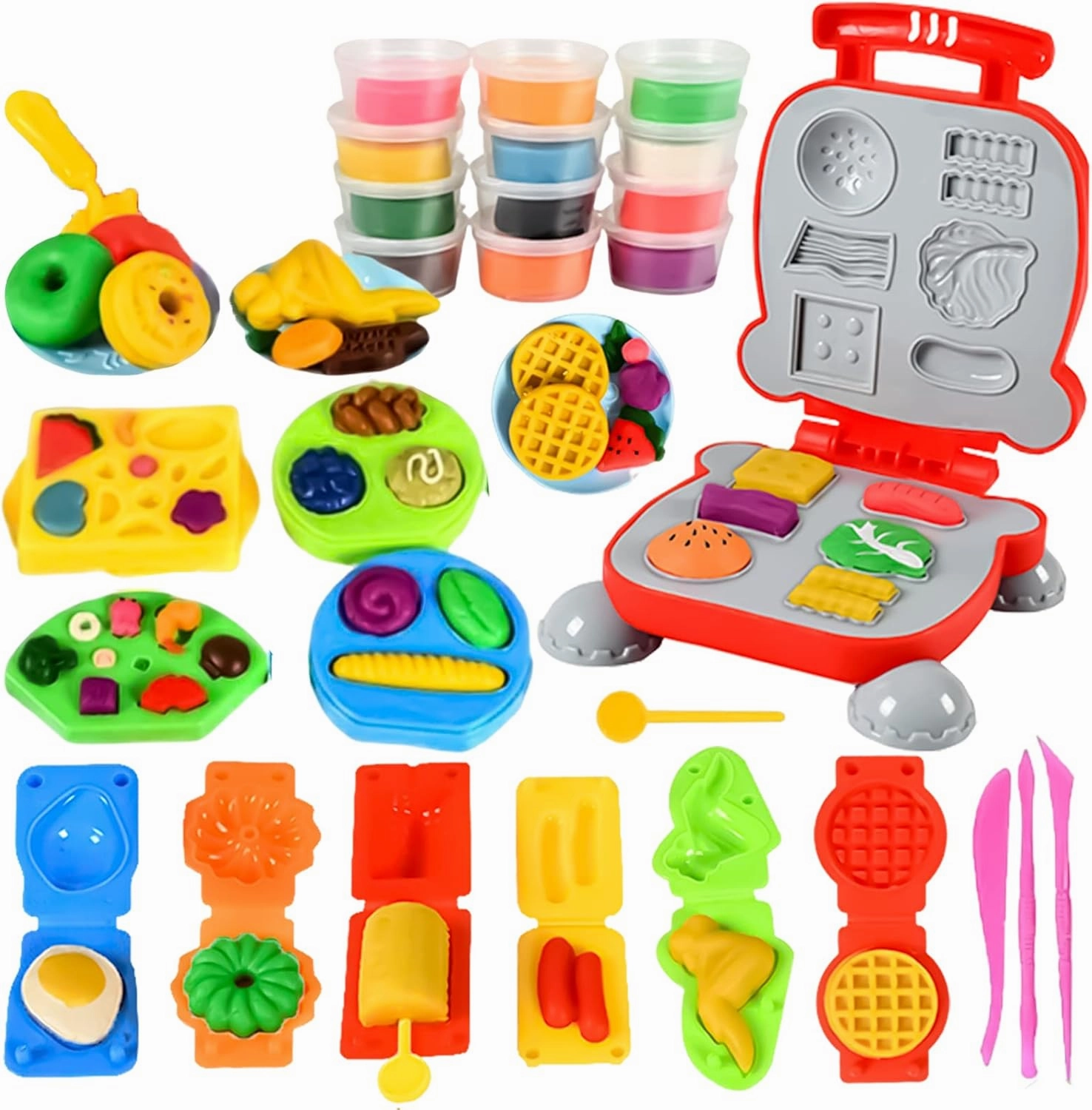 Color Dough Set Kitchen Creations Waffle Pizza Burger Maker Pretend Chef Toy Play Food Modeling Tools Kit with 12 Colors Wheat Doughs for Kids Girls Boys Christmas Birthday Gift 40Pcs