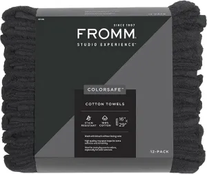 ColorSafe 100% Cotton Bleach Proof Salon Hair Towels for Hairstylists, Barbers, Spa, Gym in Black, 16" by 29", 12 Count Absorbent Stain Resistant Towels for Drying Curly, Long, Wavy Hair
