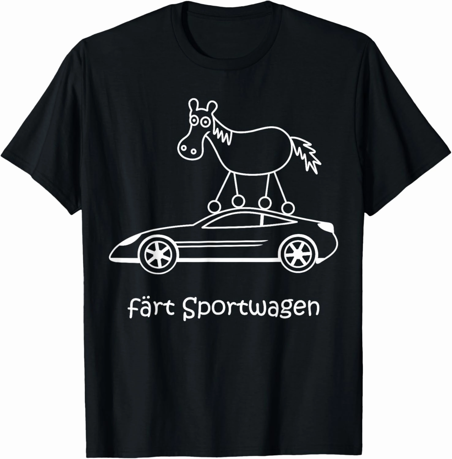 Colours sports car, fun horse with wheels driving by car T-Shirt