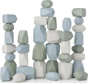 Comfy Cubs Stacking Rocks 36 Pieces, 36 Months , Educational Toddler Stacking Blocks, Promotes Imagination, Balance & Fine Motor Skills - Wooden Rocks Sensory Toys Gift for Kid, Boy Pack