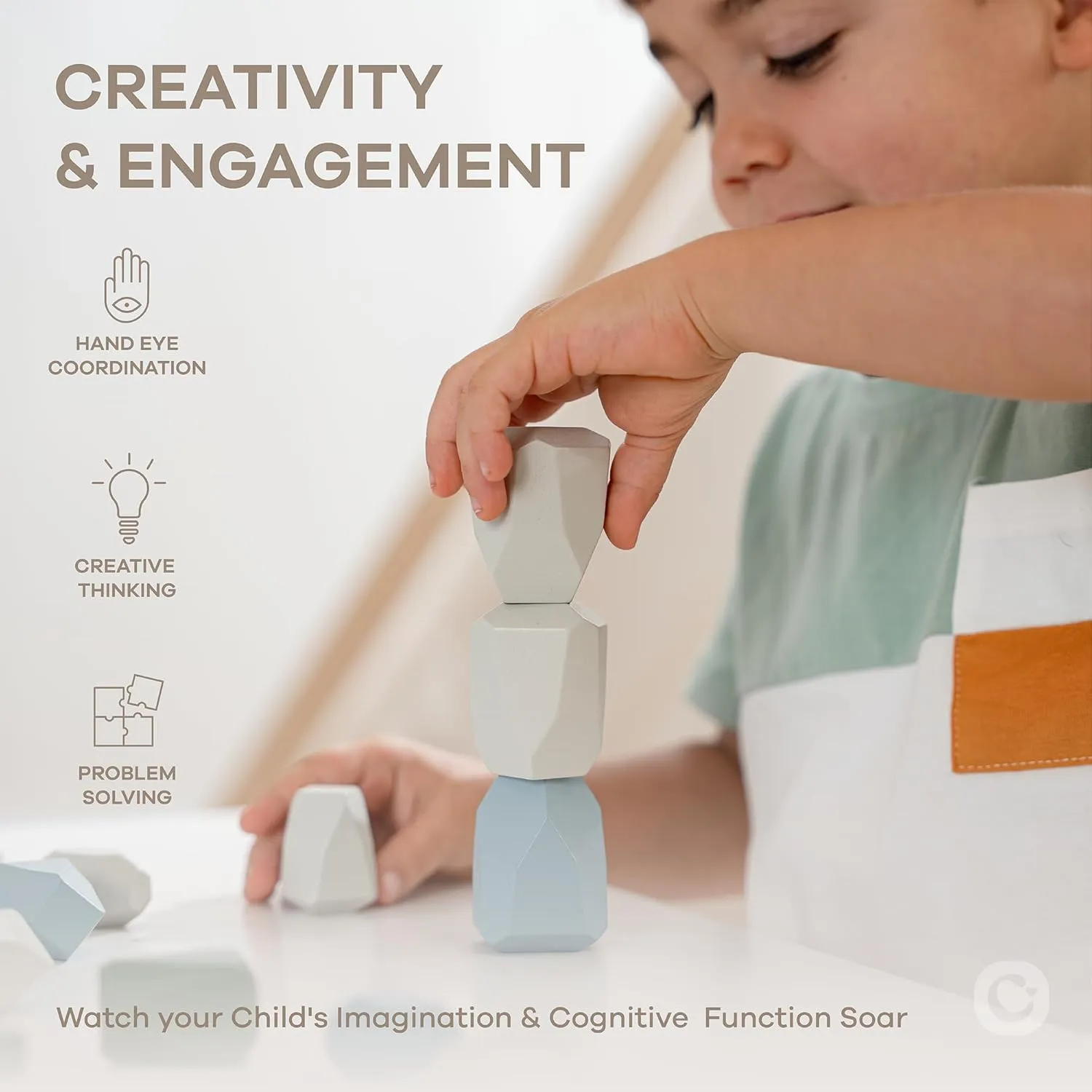 Comfy Cubs Stacking Rocks 36 Pieces, 36 Months , Educational Toddler Stacking Blocks, Promotes Imagination, Balance & Fine Motor Skills - Wooden Rocks Sensory Toys Gift for Kid, Boy Pack