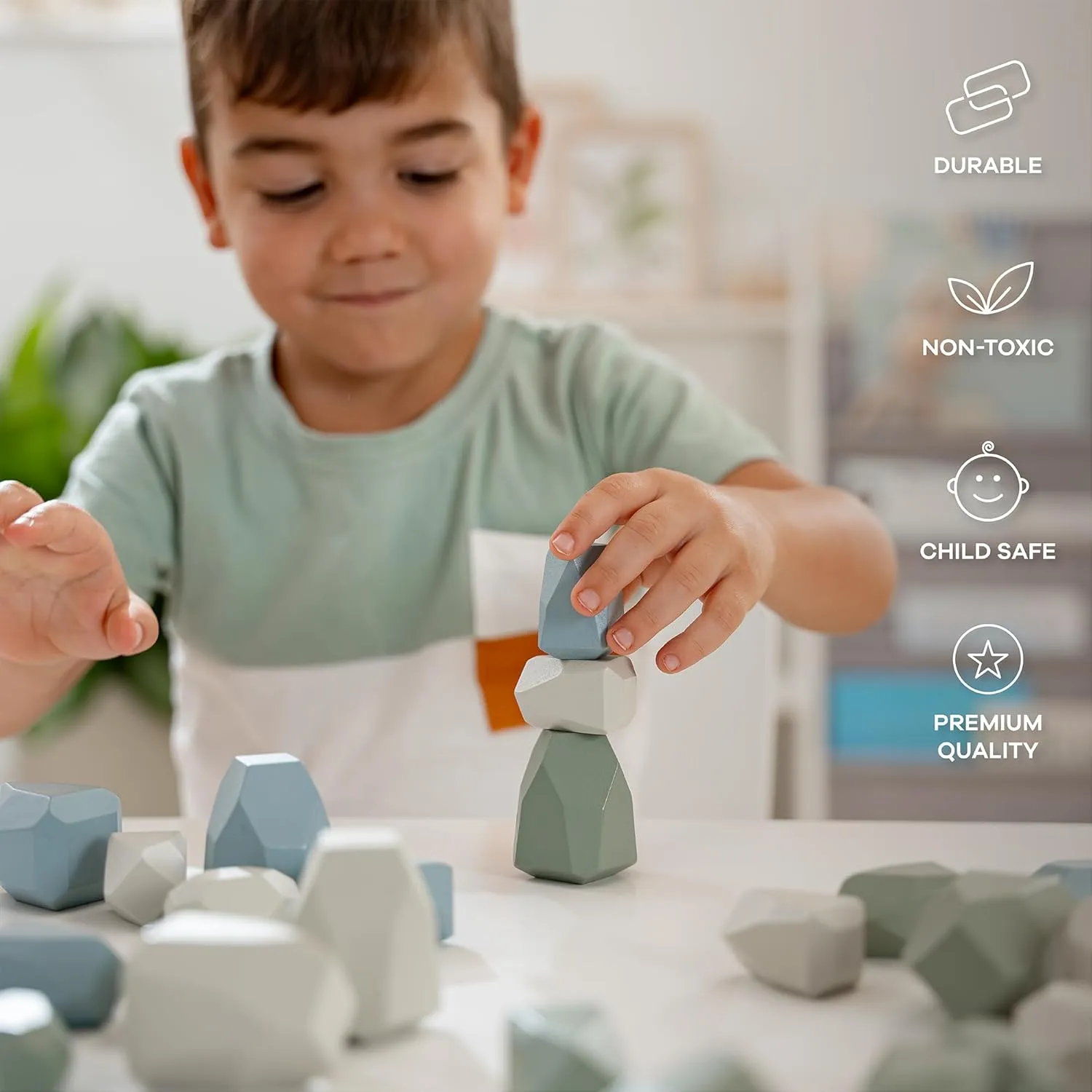 Comfy Cubs Stacking Rocks 36 Pieces, 36 Months , Educational Toddler Stacking Blocks, Promotes Imagination, Balance & Fine Motor Skills - Wooden Rocks Sensory Toys Gift for Kid, Boy Pack