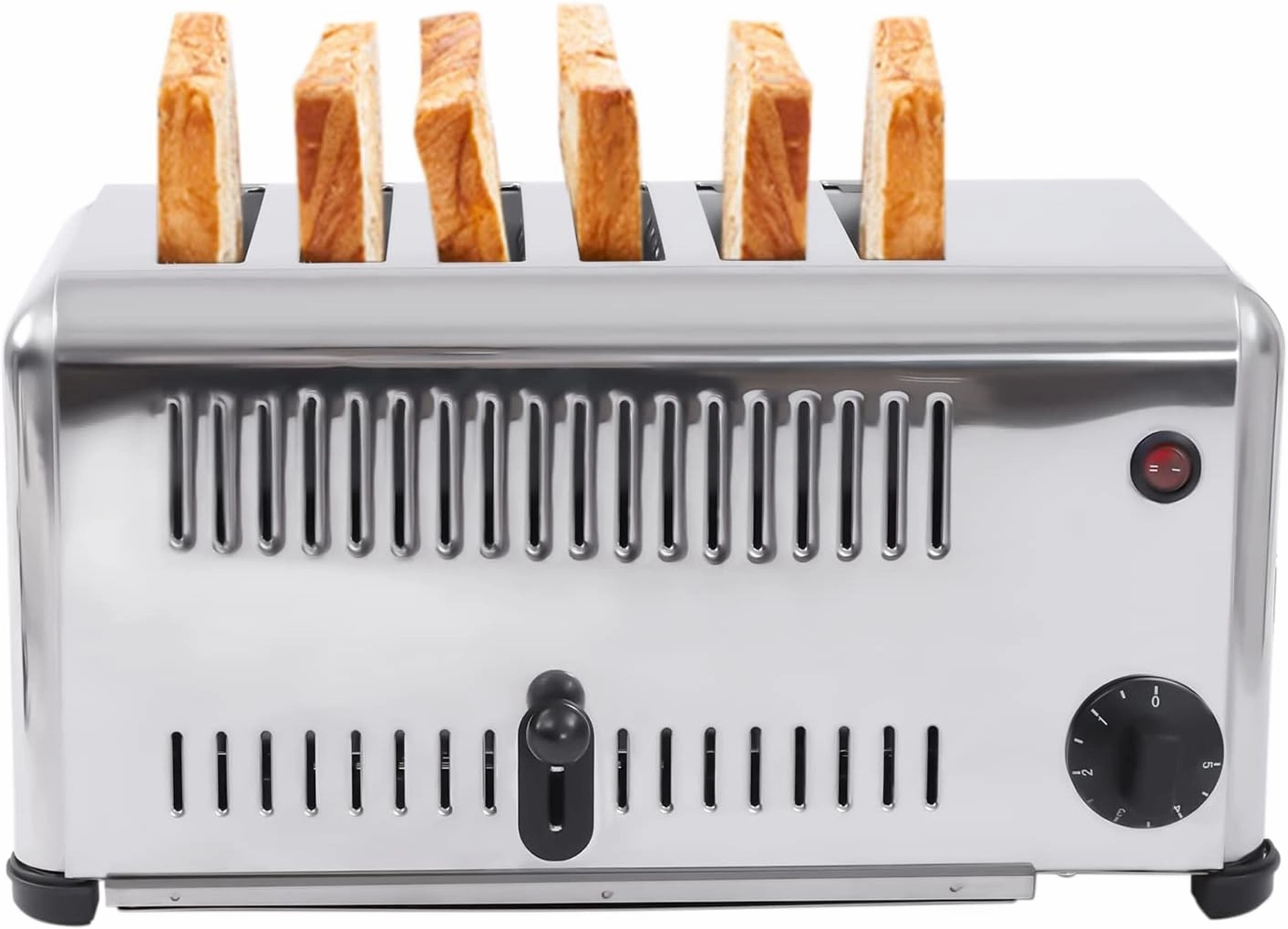 Commercial Electric Toaster, 6-Slice Stainless Steel Pop-Up Toaster for Restaurants & Cafes, Heavy-Duty, Fast 5-Minute Timer, Countertop Design with Crumb Tray, Perfect for Busy Kitchens.