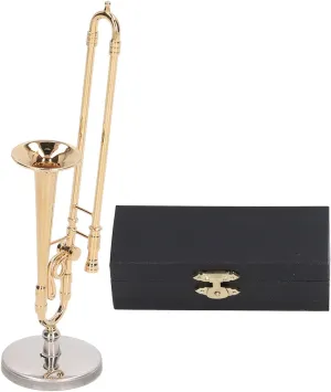 Copper Miniature Trombone with Stand and Case - Mini Musical Instrument Dollhouse Accessory