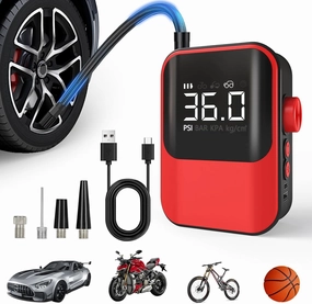 Cordless Tire Inflator Portable Air Compressor, Red Air Pump With Digital Tire Pressure Gauge, Wireless Fast Inflation For Car Tires, Motorcycle, Bicycle, Electric Bike Pump, Ball
