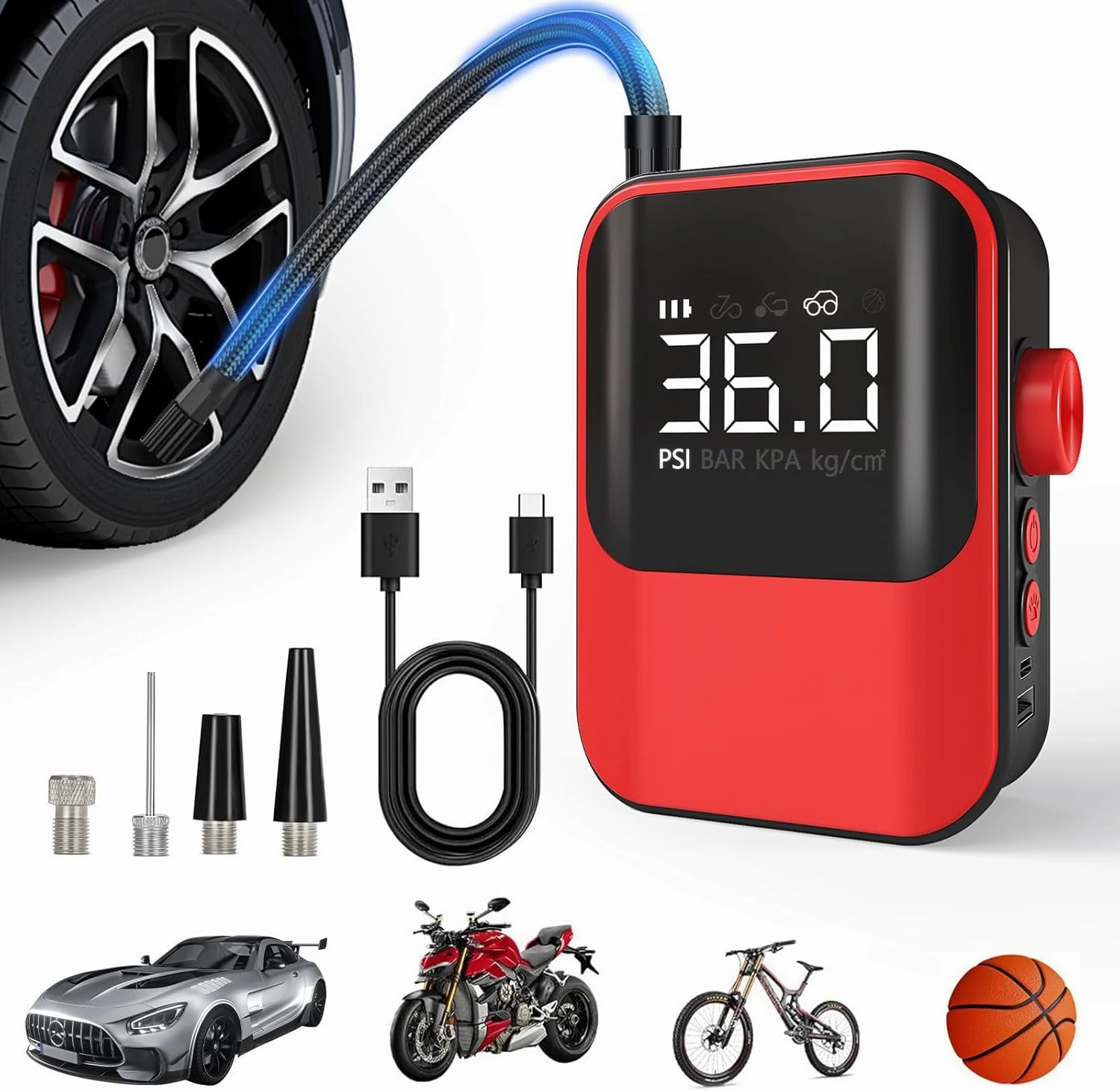 Cordless Tire Inflator Portable Air Compressor, Red Air Pump With Digital Tire Pressure Gauge, Wireless Fast Inflation For Car Tires, Motorcycle, Bicycle, Electric Bike Pump, Ball