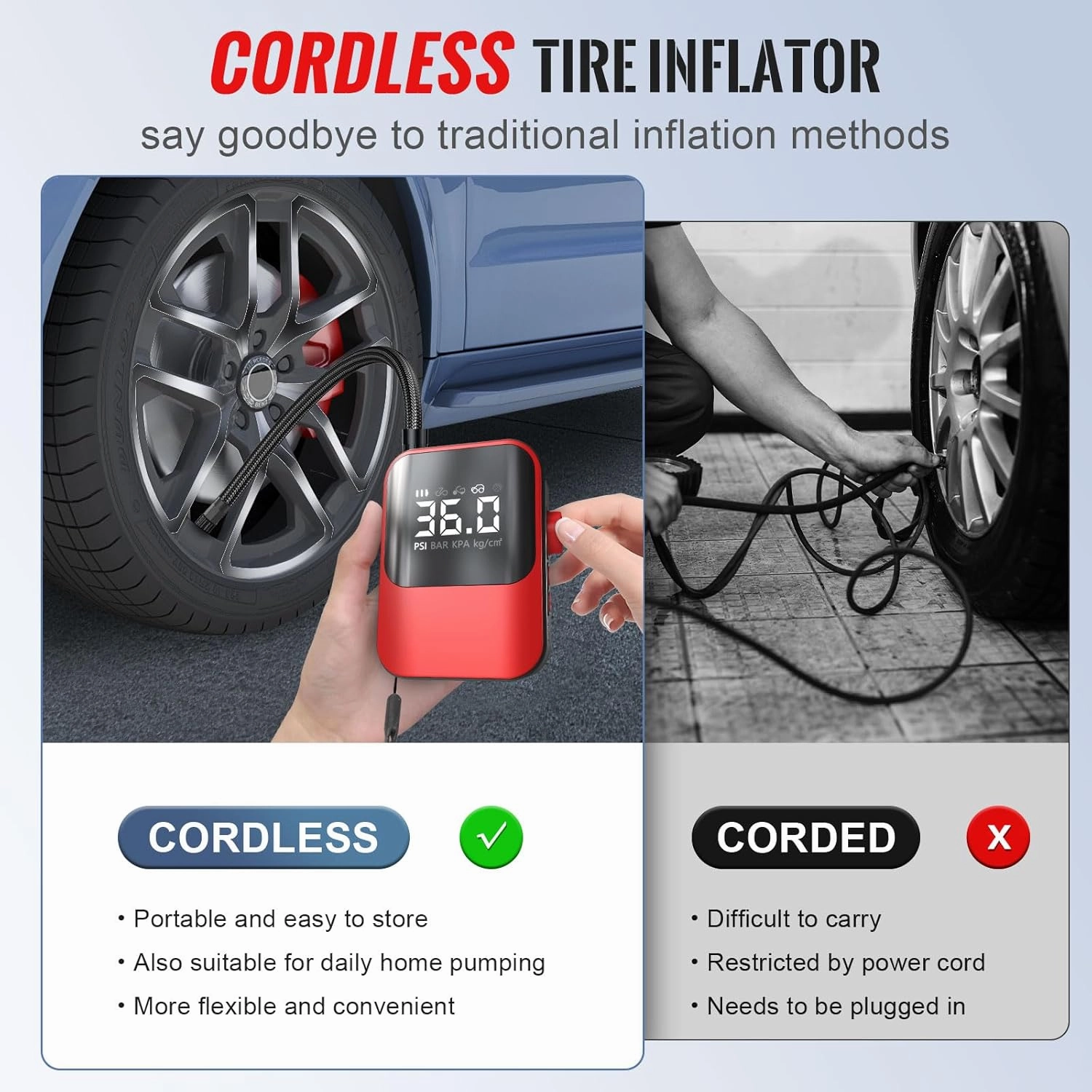 Cordless Tire Inflator Portable Air Compressor, Red Air Pump With Digital Tire Pressure Gauge, Wireless Fast Inflation For Car Tires, Motorcycle, Bicycle, Electric Bike Pump, Ball
