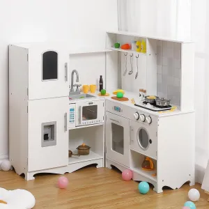 Corner Play Kitchen for Kids, Wooden Kitchen Playset w/Cooking Stove,Oven,Sink, Microwave, Blackboard, Storage Cabinets,Washing Machine Pretend Cooking Toys with Sound Light Girls Boys Gift Ages 3 