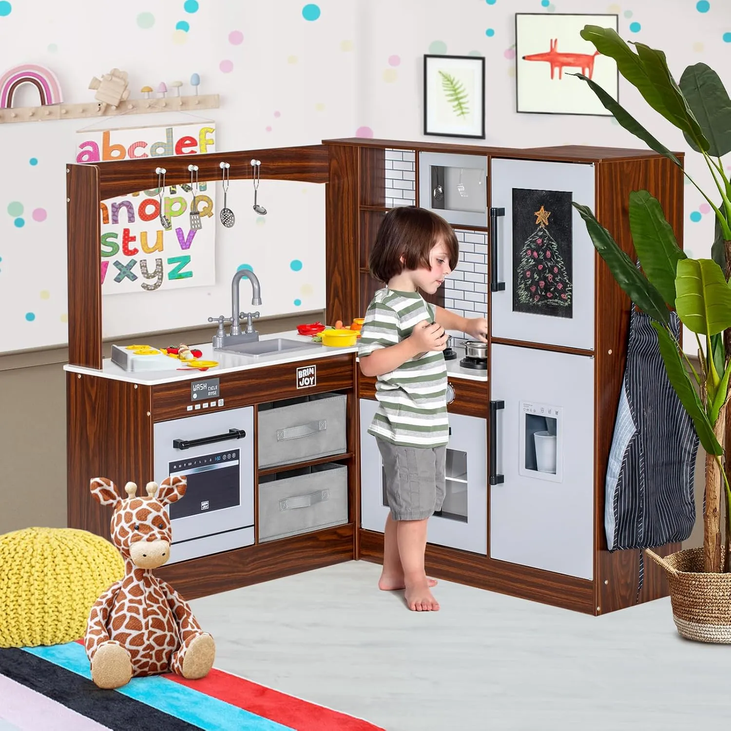 Corner Play Kitchen for Kids, Wooden Toddler Kitchen Playset w/Faucet, Sink, Microwave, Oven, Apron, Blackboard, Storage Cabinets, Pretend Cooking Toys w/Sound & Light Gift for Ages 3 