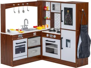 Corner Play Kitchen for Kids, Wooden Toddler Kitchen Playset w/Faucet, Sink, Microwave, Oven, Apron, Blackboard, Storage Cabinets, Pretend Cooking Toys w/Sound & Light Gift for Ages 3 