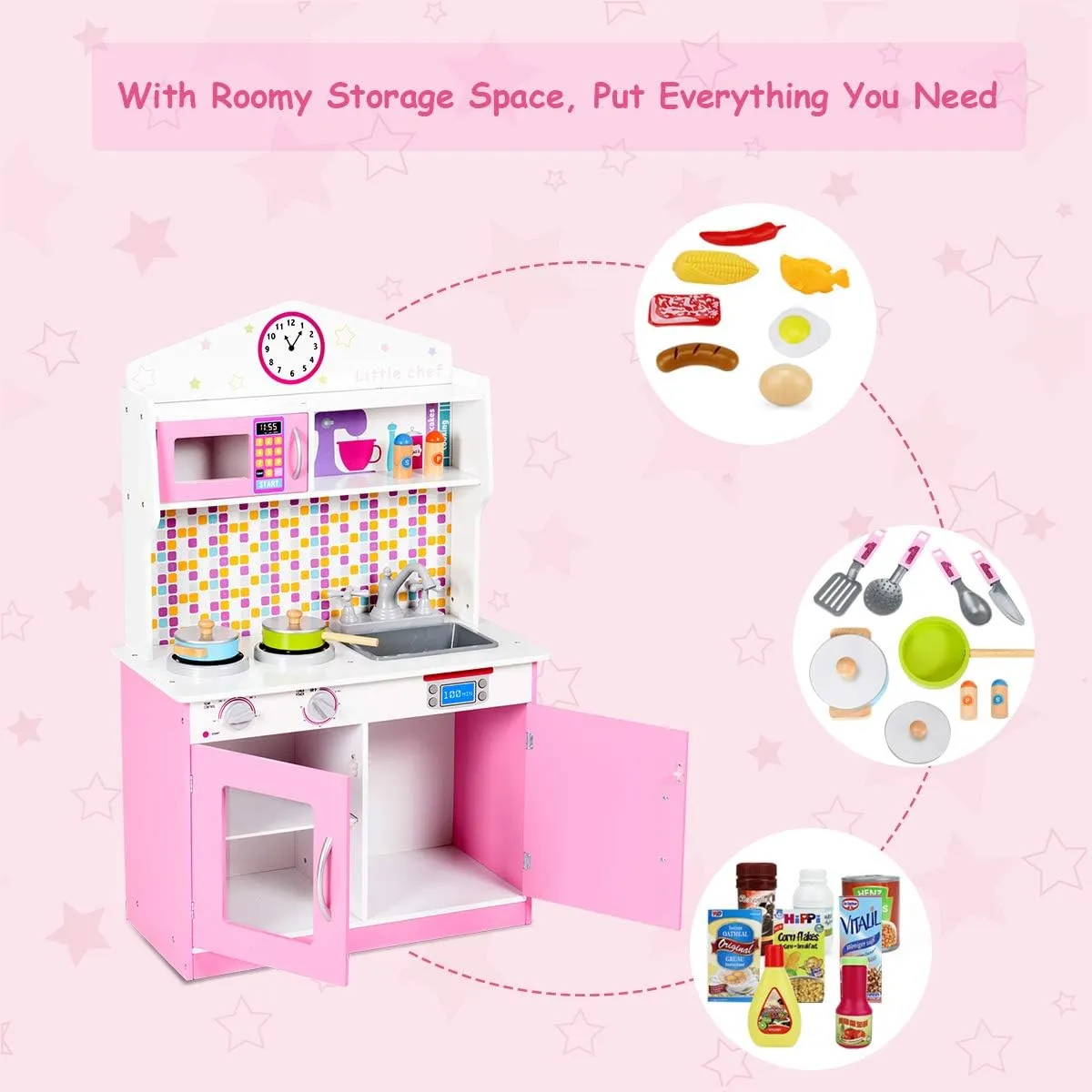 Costzon Kids Kitchen Playset, Wooden Pretend Chef Cooking Toy Kitchen with Realistic Sound, Microwave, Sink, Cookware Accessories, Pink Play Kitchen for Toddlers, Girls, Gift for Ages 3 
