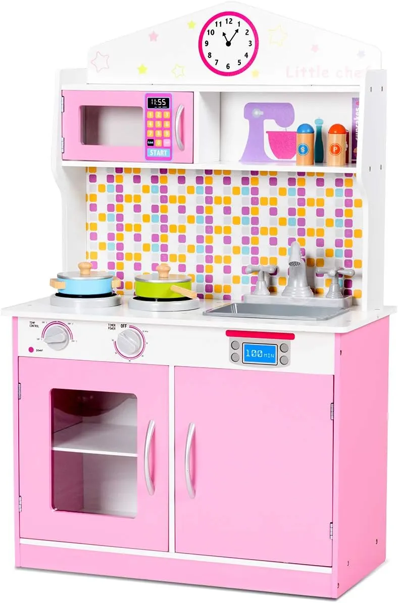 Costzon Kids Kitchen Playset, Wooden Pretend Chef Cooking Toy Kitchen with Realistic Sound, Microwave, Sink, Cookware Accessories, Pink Play Kitchen for Toddlers, Girls, Gift for Ages 3 
