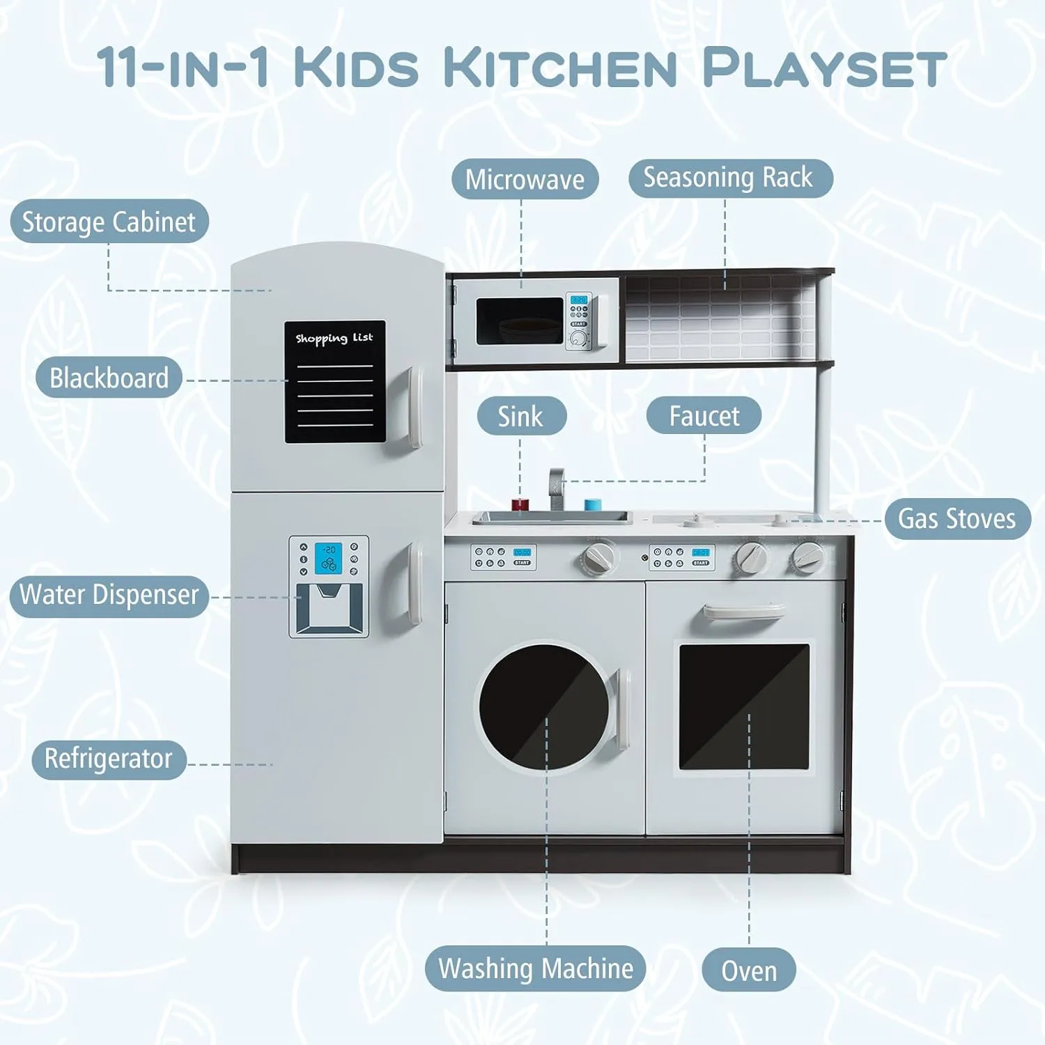 Costzon Kids Kitchen Playset, Wooden Pretend Play Toy Set with Realistic Sound, Microwave, Oven, Washing Machine, Refrigerator, Sink, Play Kitchen for Toddlers, Gift for Boys Girls Age 3 