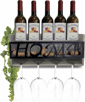 CoTa Global Modern Grey Wall Mounted Wine Rack - Wooden Wine Bottle Holder for 5 Bottles & 4 Wine Glasses with Cork Storage, Hanging Metal Home Sign & Organizer Wood Shelf for Wine Bar & Home Décor