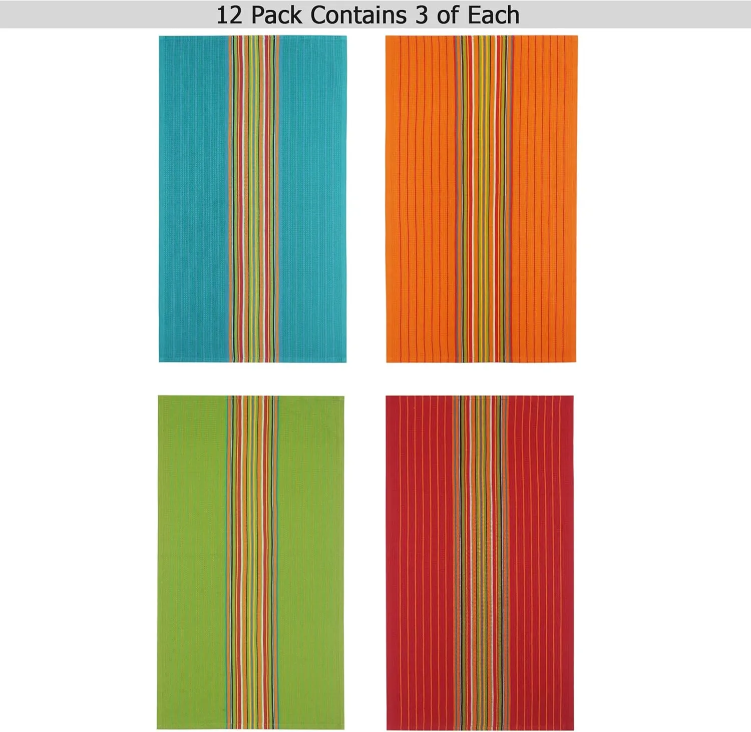 COTTON CRAFT Salsa Stripe Kitchen Towels - 12 Pack 100% Cotton Tea Dish Towels - Absorbent Reusable Low Lint Quick Dry - Multi Purpose Cooking Drying Restaurant Bar Cleaning Cloth Napkin - 16x28 Multi