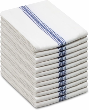 COTTON CRAFT Ultimate Kitchen Towel -12 Pack Scandia Stripe Dish Cloth - 100% Cotton Tea Towel - Absorbent Washable Reusable Low Lint Restaurant Bar Cleaning Cloth Napkins - Oversized 16x28 inch- Blue