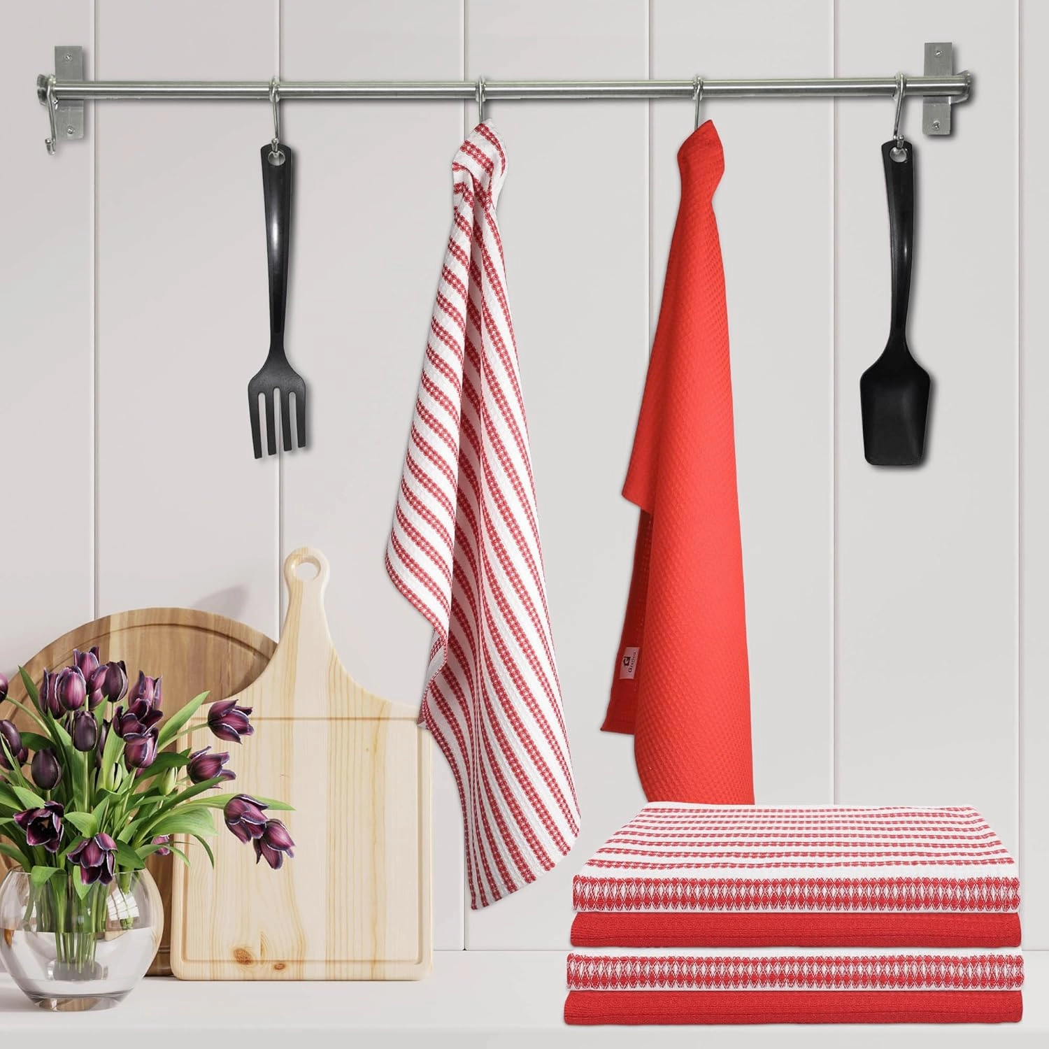 Cotton Kitchen Towel Set of 6 Highly Absorbent, Ultra Soft Premium Tea Towel with Hanging Loop 18x28 Inches Quick Drying Dish Cloths for Cleaning Dishes - Red/White, Stripes