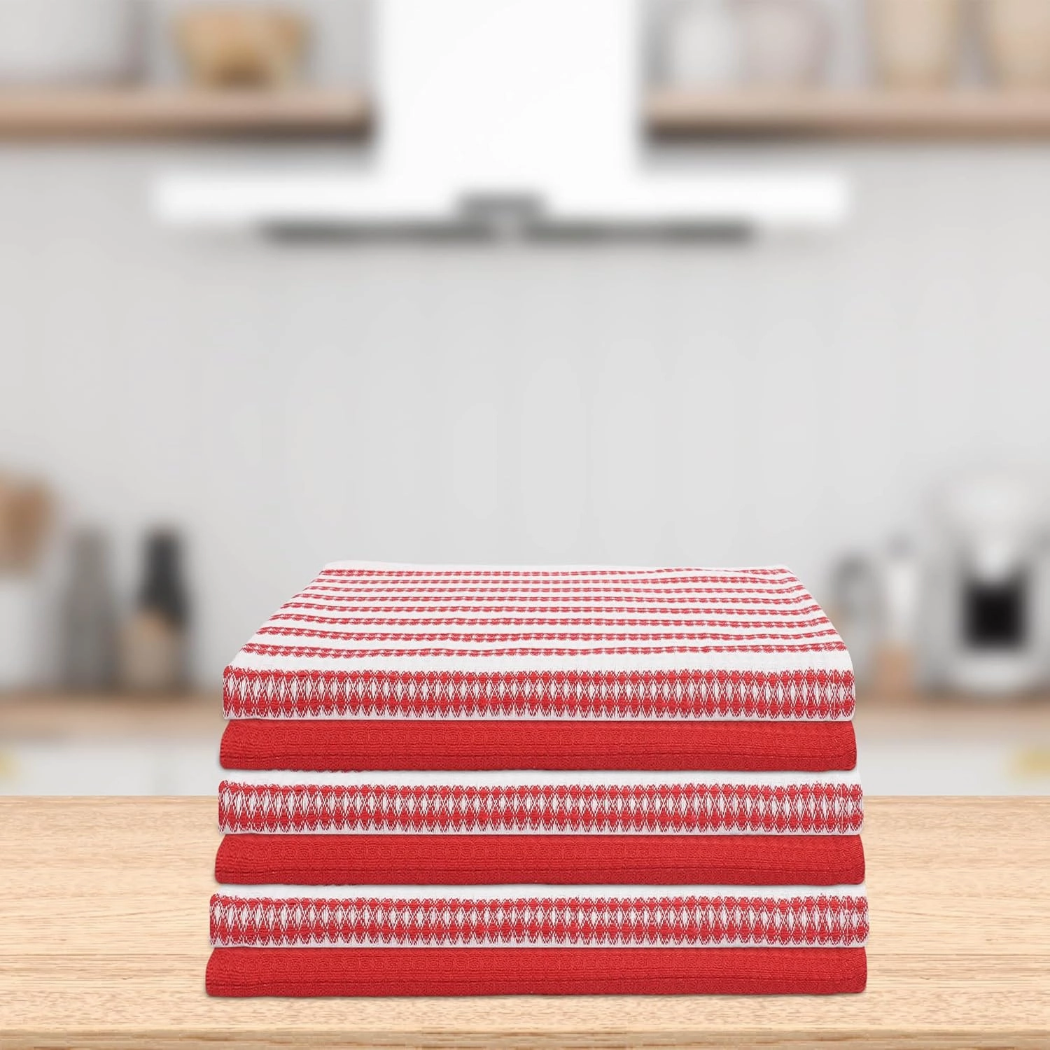 Cotton Kitchen Towel Set of 6 Highly Absorbent, Ultra Soft Premium Tea Towel with Hanging Loop 18x28 Inches Quick Drying Dish Cloths for Cleaning Dishes - Red/White, Stripes