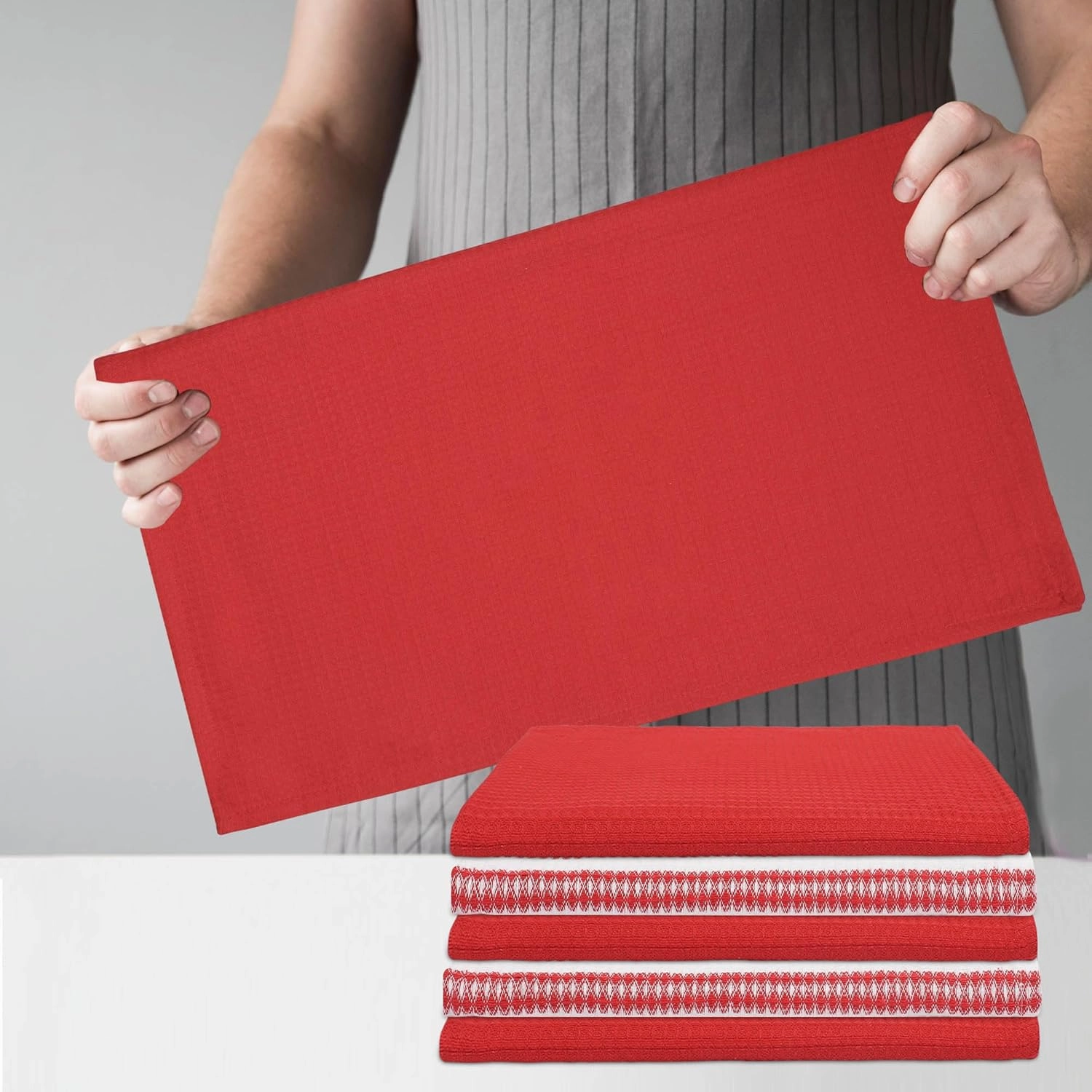Cotton Kitchen Towel Set of 6 Highly Absorbent, Ultra Soft Premium Tea Towel with Hanging Loop 18x28 Inches Quick Drying Dish Cloths for Cleaning Dishes - Red/White, Stripes