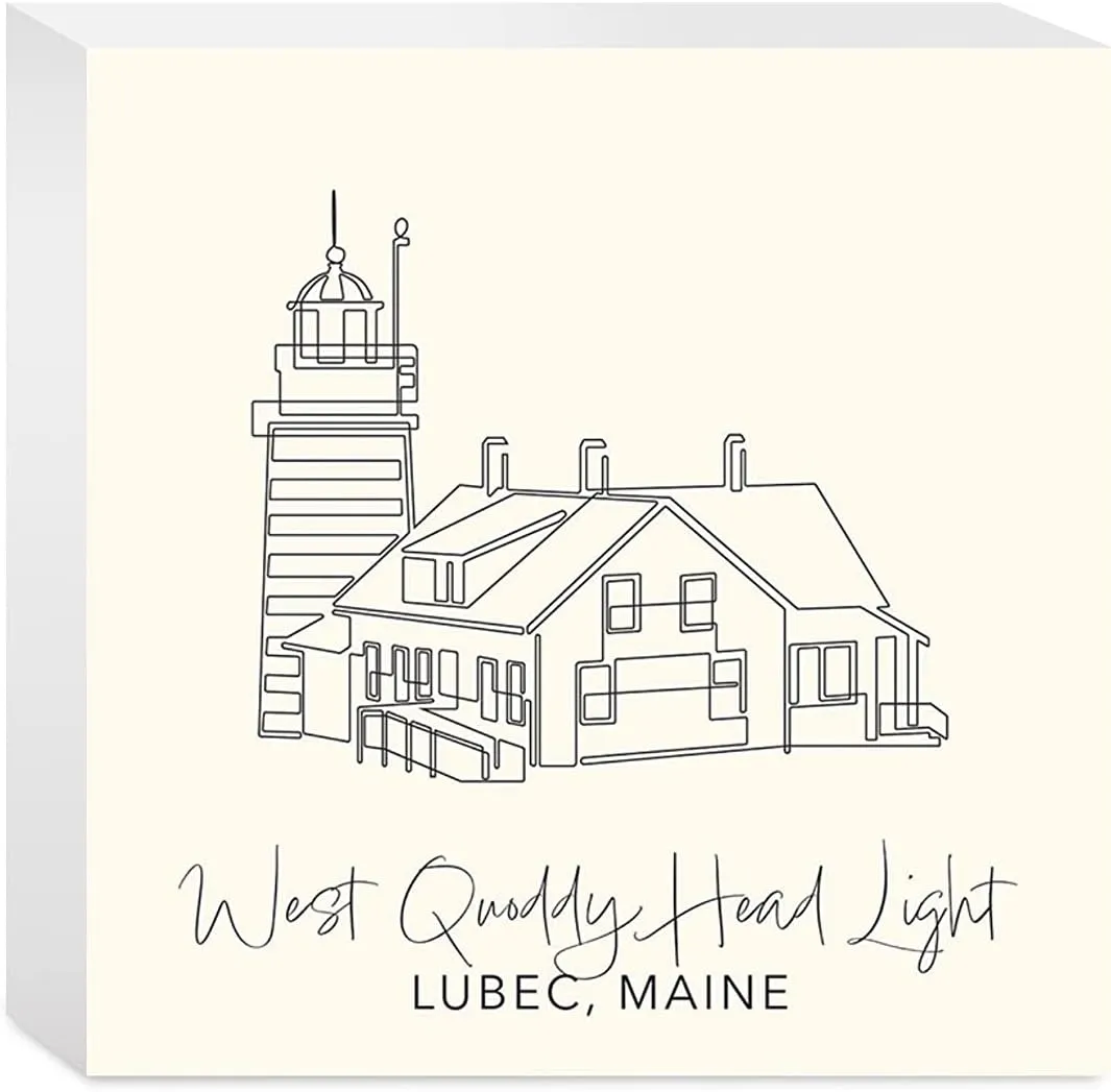 Cream West Quoddy Head Light, Joyride Home Decor, Wood Block Sign, 5"x5" Freestanding, Shelf or Wall Displayed, Artist Designed Home Décor.