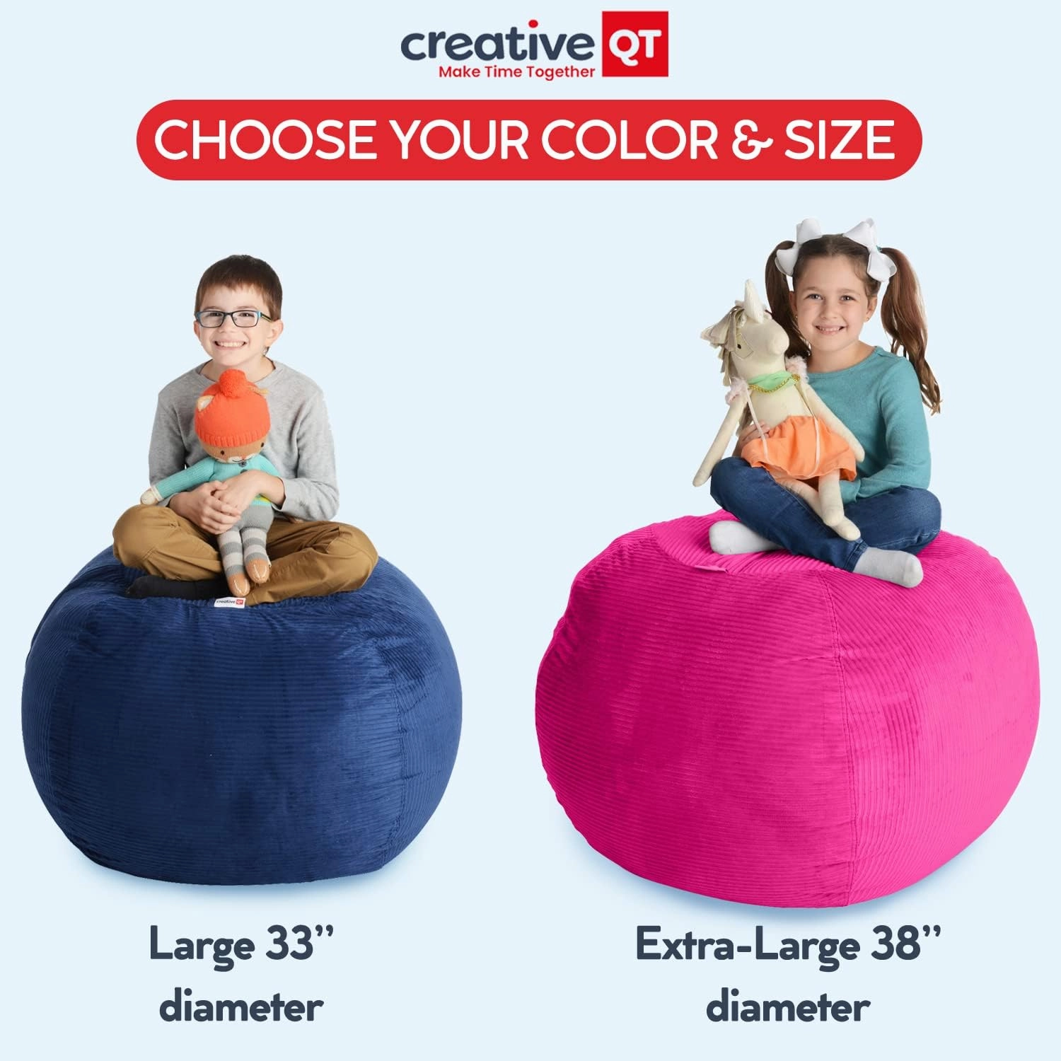 Creative QT Stuff ’n Sit Large 33’’ Bean Bag Storage Cover for Stuffed Animals & Toys, Giant Bean Bag Chair for Plush, Kids Bedroom Organizer, Light Gray Corduroy, Stuffed Animal Storage