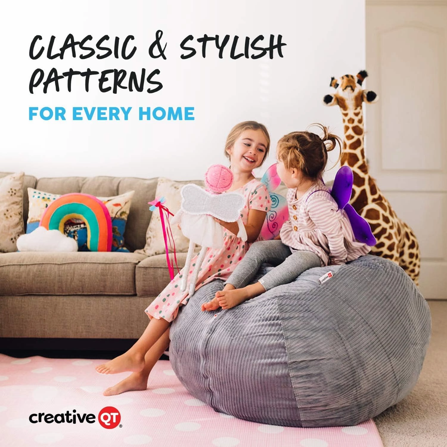 Creative QT Stuff ’n Sit Large 33’’ Bean Bag Storage Cover for Stuffed Animals & Toys, Giant Bean Bag Chair for Plush, Kids Bedroom Organizer, Light Gray Corduroy, Stuffed Animal Storage