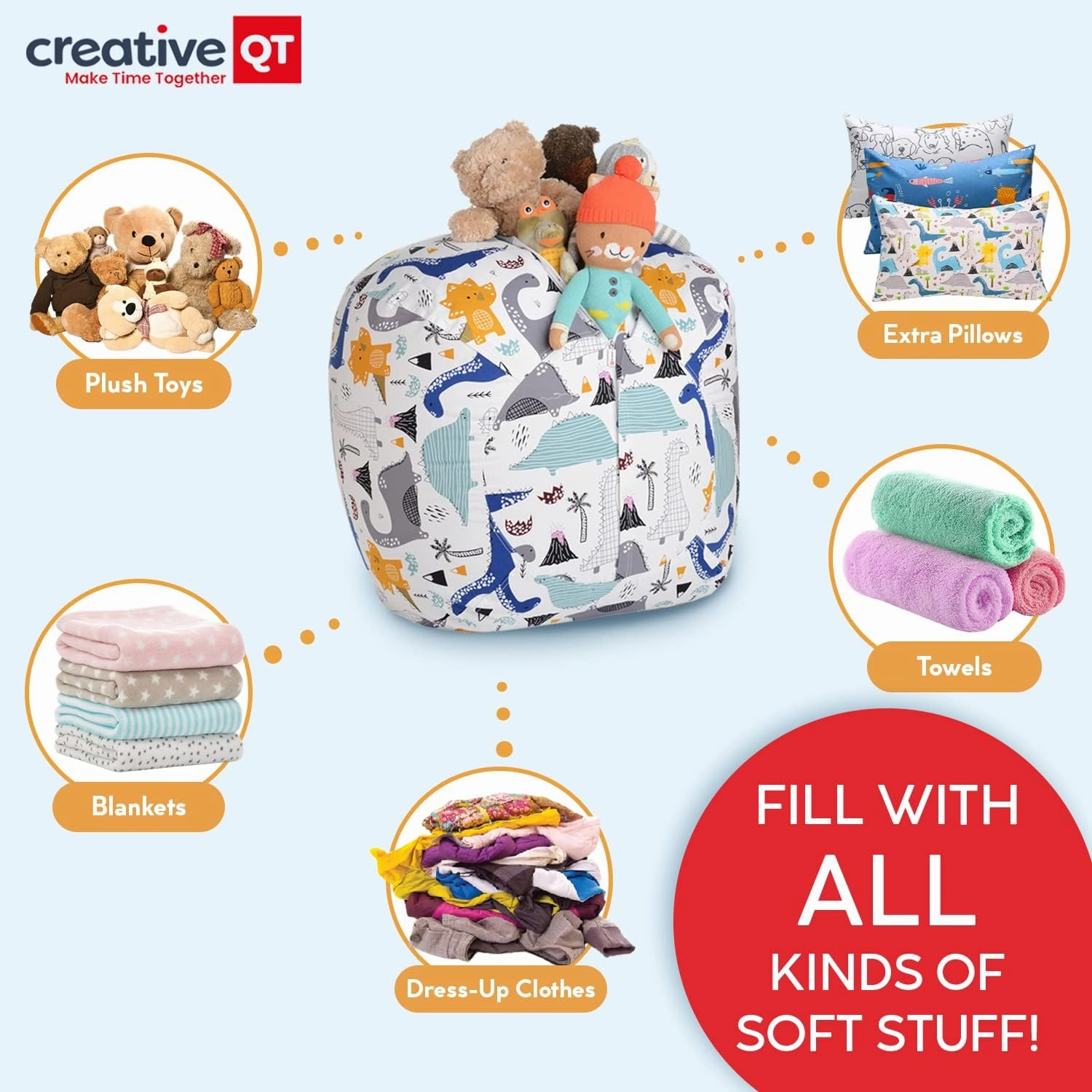 Creative QT Stuff ’n Sit Large 33’’ Bean Bag Storage Cover for Stuffed Animals & Toys, Giant Bean Bag Chair for Plush, Kids Bedroom Organizer, Light Gray Corduroy, Stuffed Animal Storage