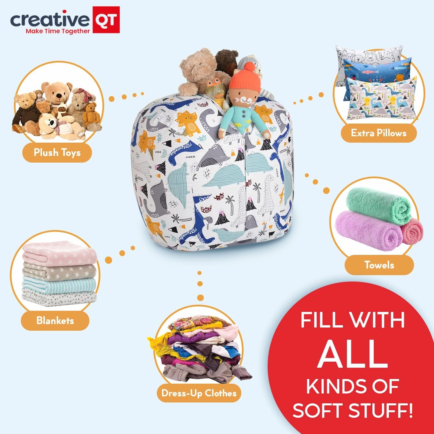 Creative QT Stuff ’n Sit Large 33’’ Kids Bean Bag Storage Cover for Stuffed Animals & Toys, Giant Bean Bag Chair for Plush, Toddler & Kids Room Organizer, Gray Dandelion