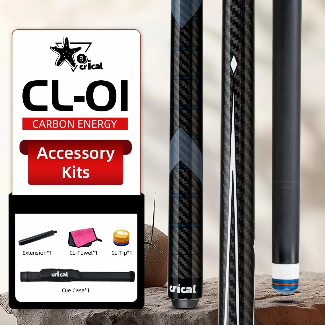 CRICAL Carbon Fiber Pool Cue Stick 58" Billiard Cue Sticks Professional Low Deflection Pool Sticks with 3/8 * 8 Pin Joint and 12.5mm Tip