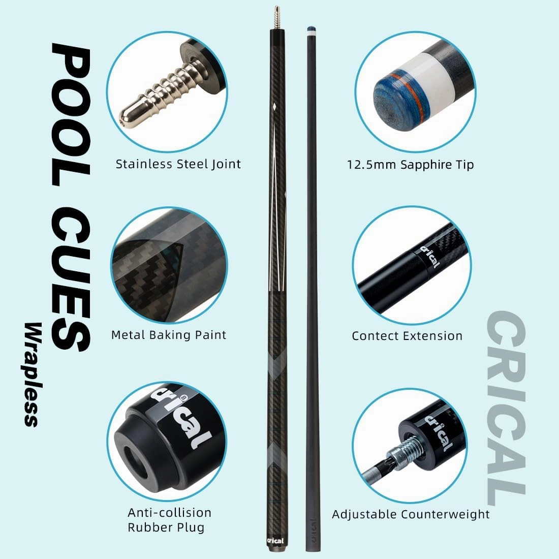 CRICAL Carbon Fiber Pool Cue Stick 58" Billiard Cue Sticks Professional Low Deflection Pool Sticks with 3/8 * 8 Pin Joint and 12.5mm Tip